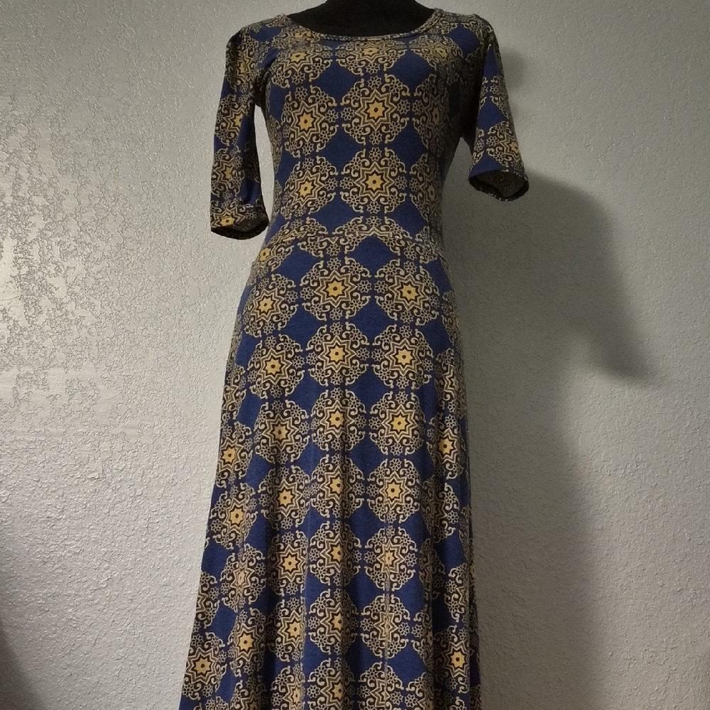 LuLaRoe Blue and Gold Geometric Maxi Dress